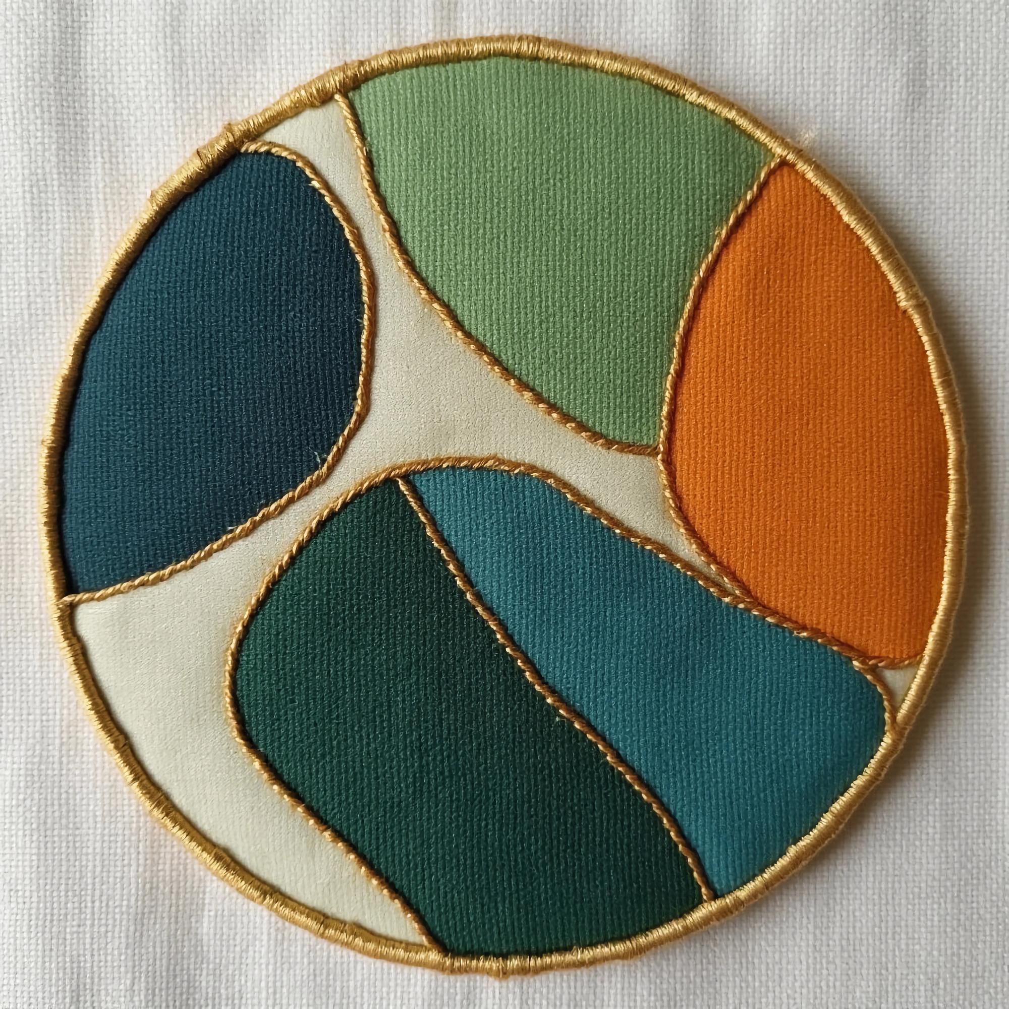 three small embroidered patches on paper